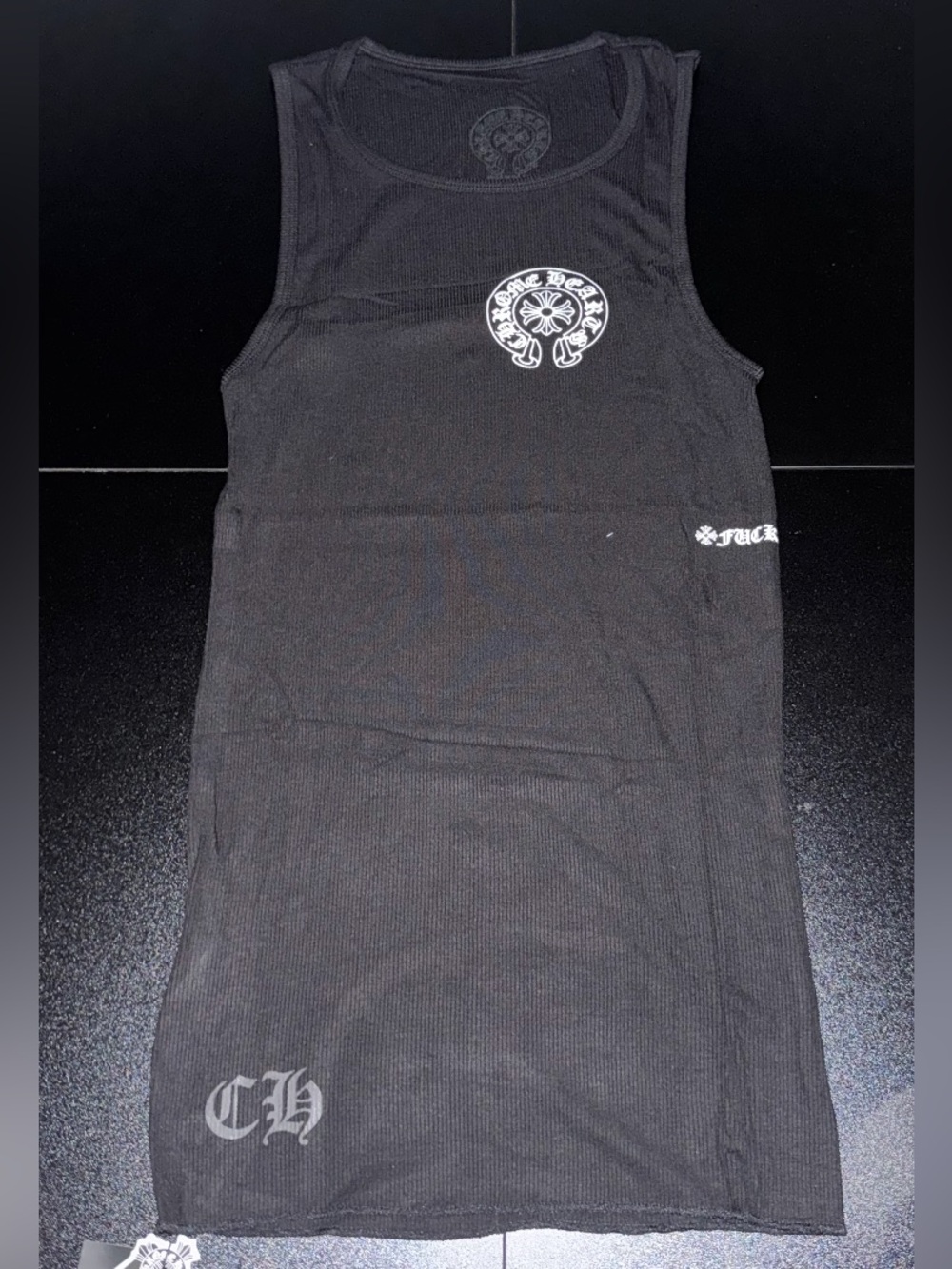 Chrome Hearts dupe Black Ribbed Tank Top with White Logo